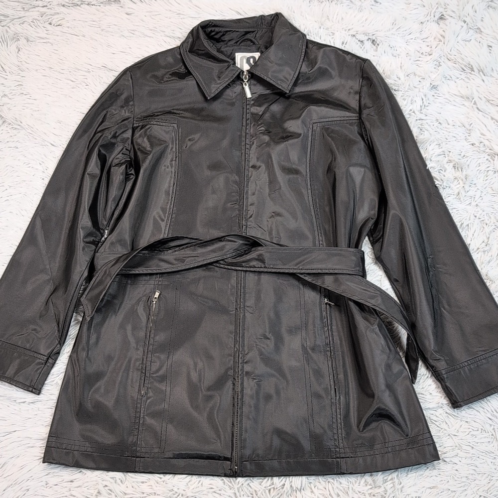 CS Signature Jacket Womens M Black Rain Coat Belted‎ Zip Up Pockets Comfort